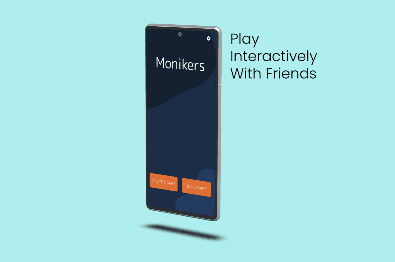 Monikers app picture. Phone next to text reading "Play Interactively with Friends".
